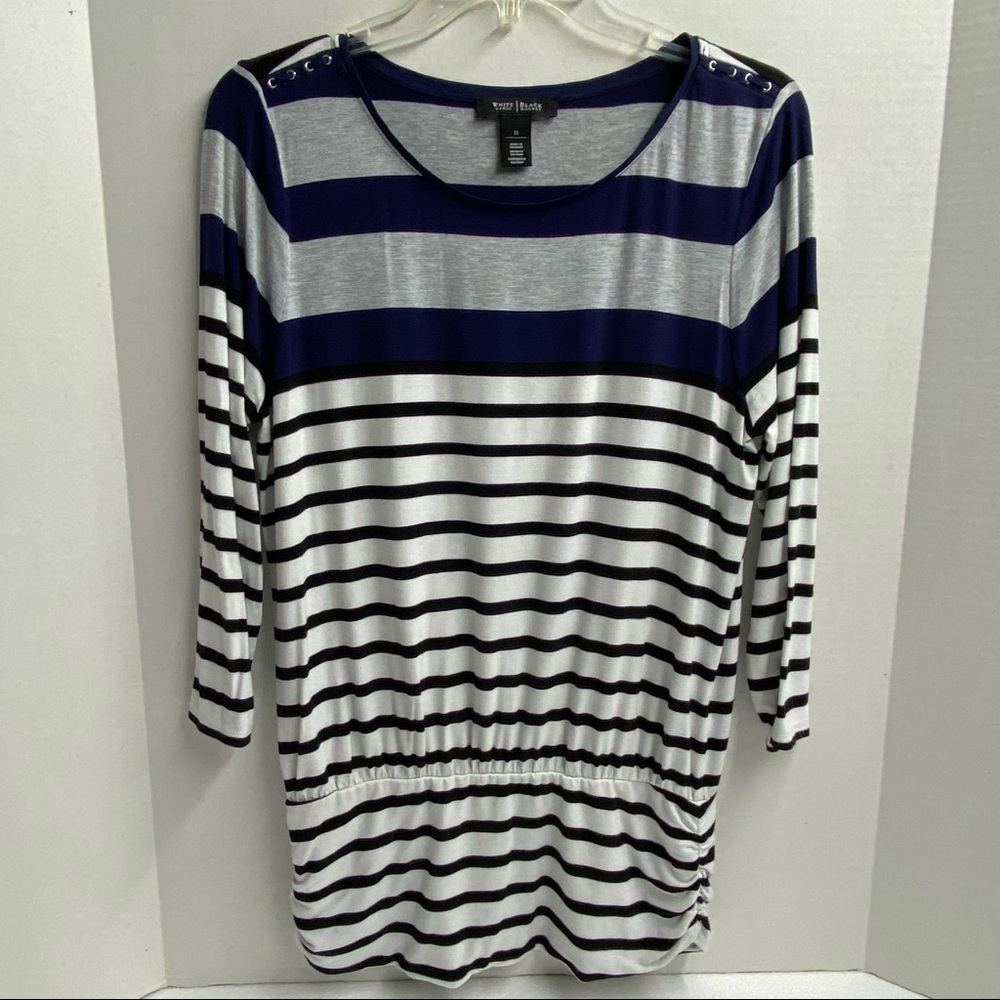 White House Black Market pullover top blue white gray Size M Stripes Ruche sides